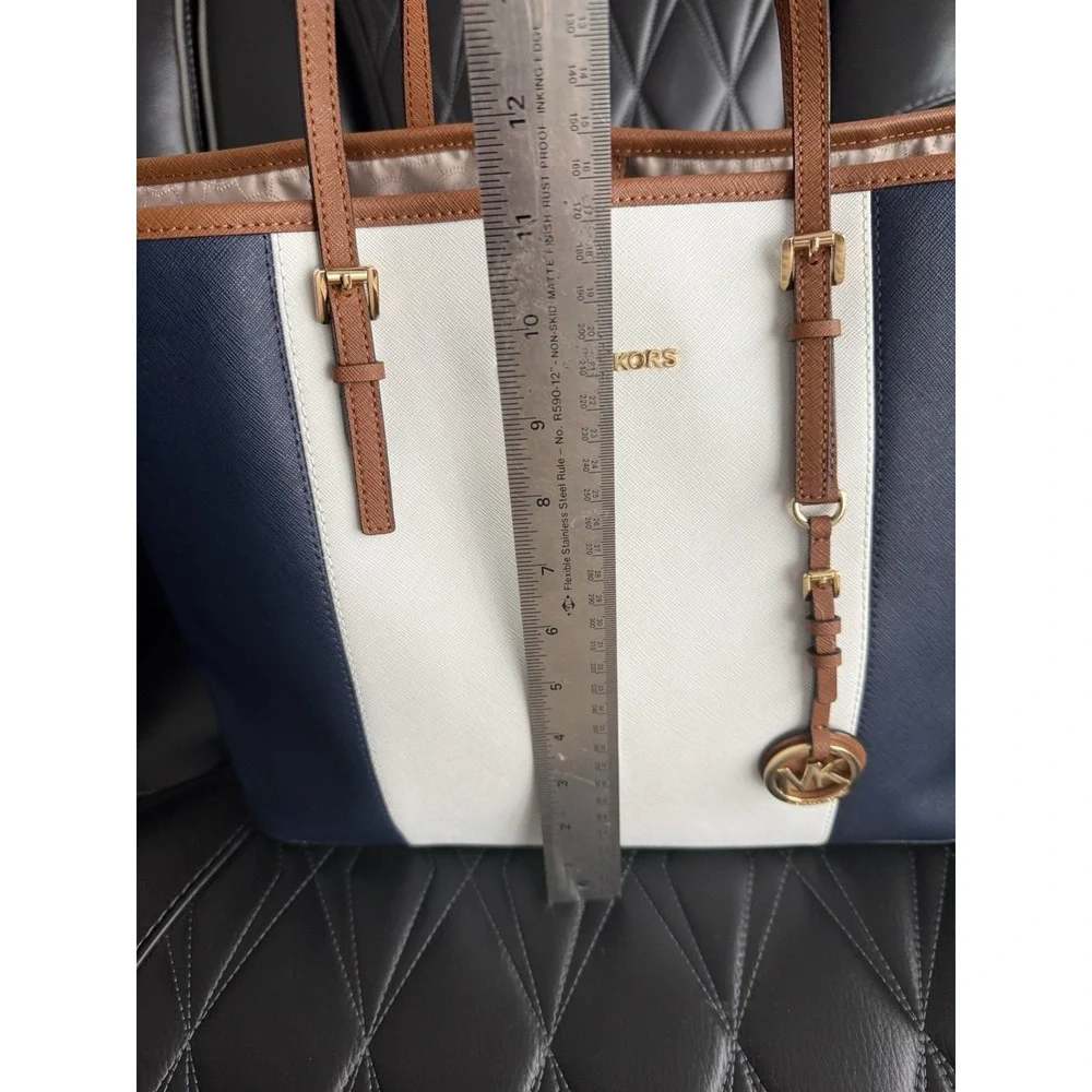 Michael Kors Jet Set Purse Handbag Tote Center Stripe Navy White Dust Bag